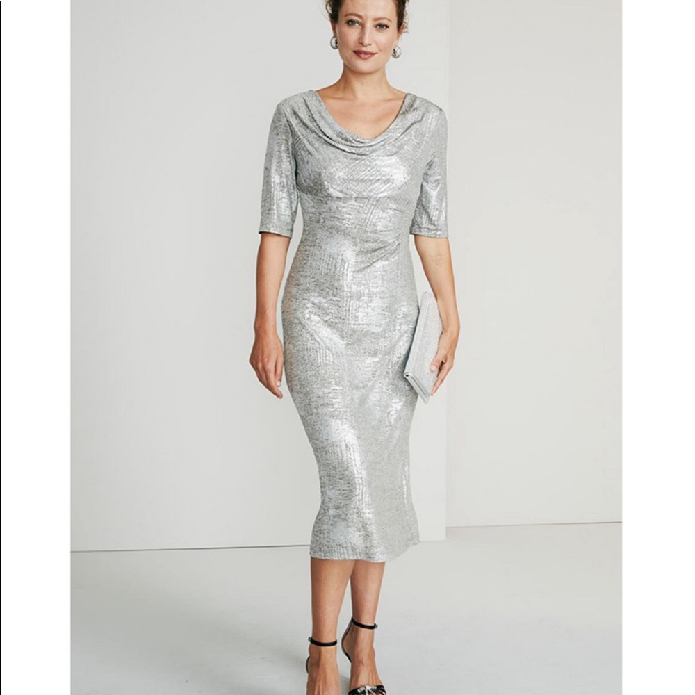 Petite Drape- Neck Metallic Dress